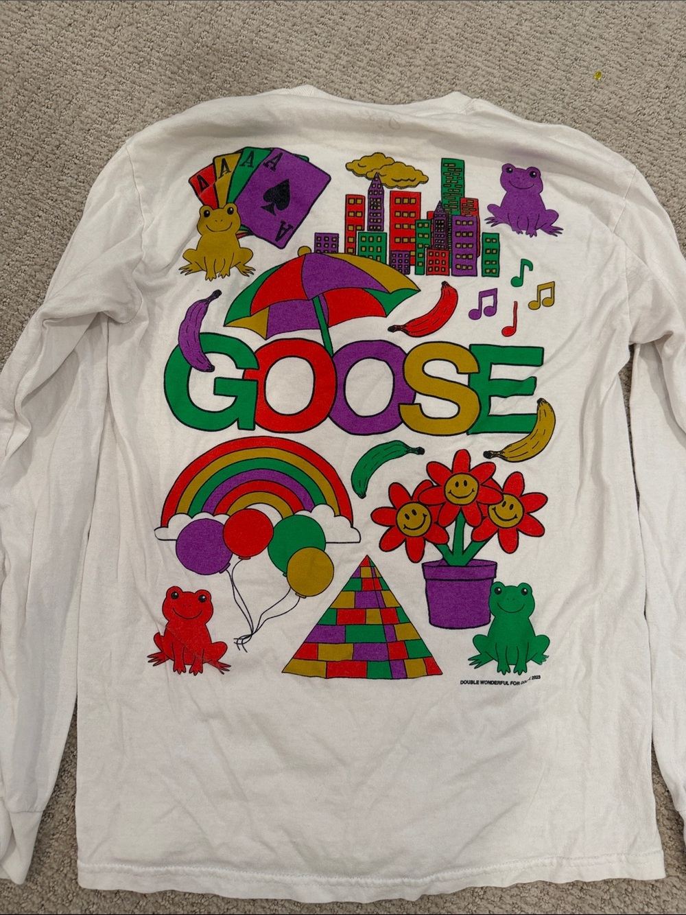 White Long-Sleeve Graphic Tee with Multicolor 'GOOSE' Logo